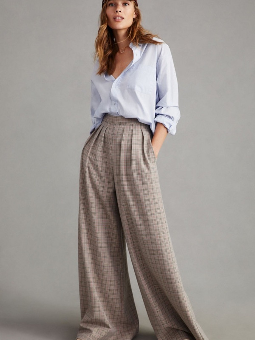 Anthropologie Taupe Plaid Wide-Leg Trousers